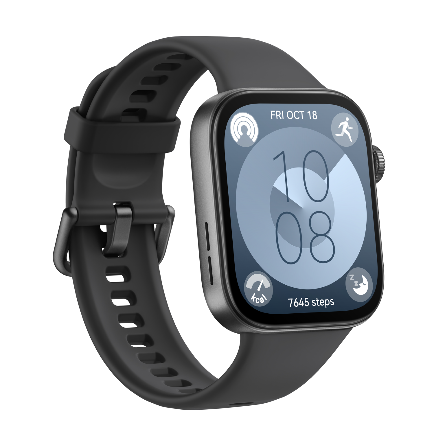 Un reloj inteligente negro con una pantalla cuadrada redondeada que muestra la fecha y la hora.