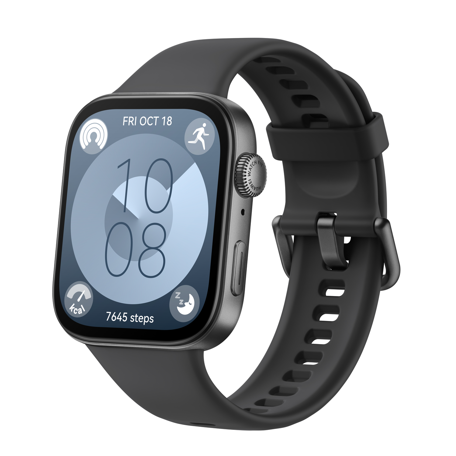 Reloj inteligente negro con banda negra, mostrando fecha, hora, pasos y kcal.