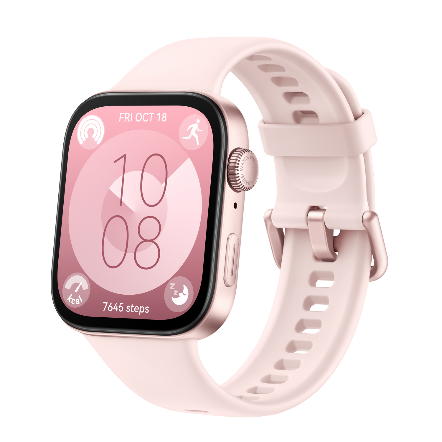 Reloj inteligente rosa con caja de oro rosa y correa rosa. La pantalla muestra la hora y los pasos.