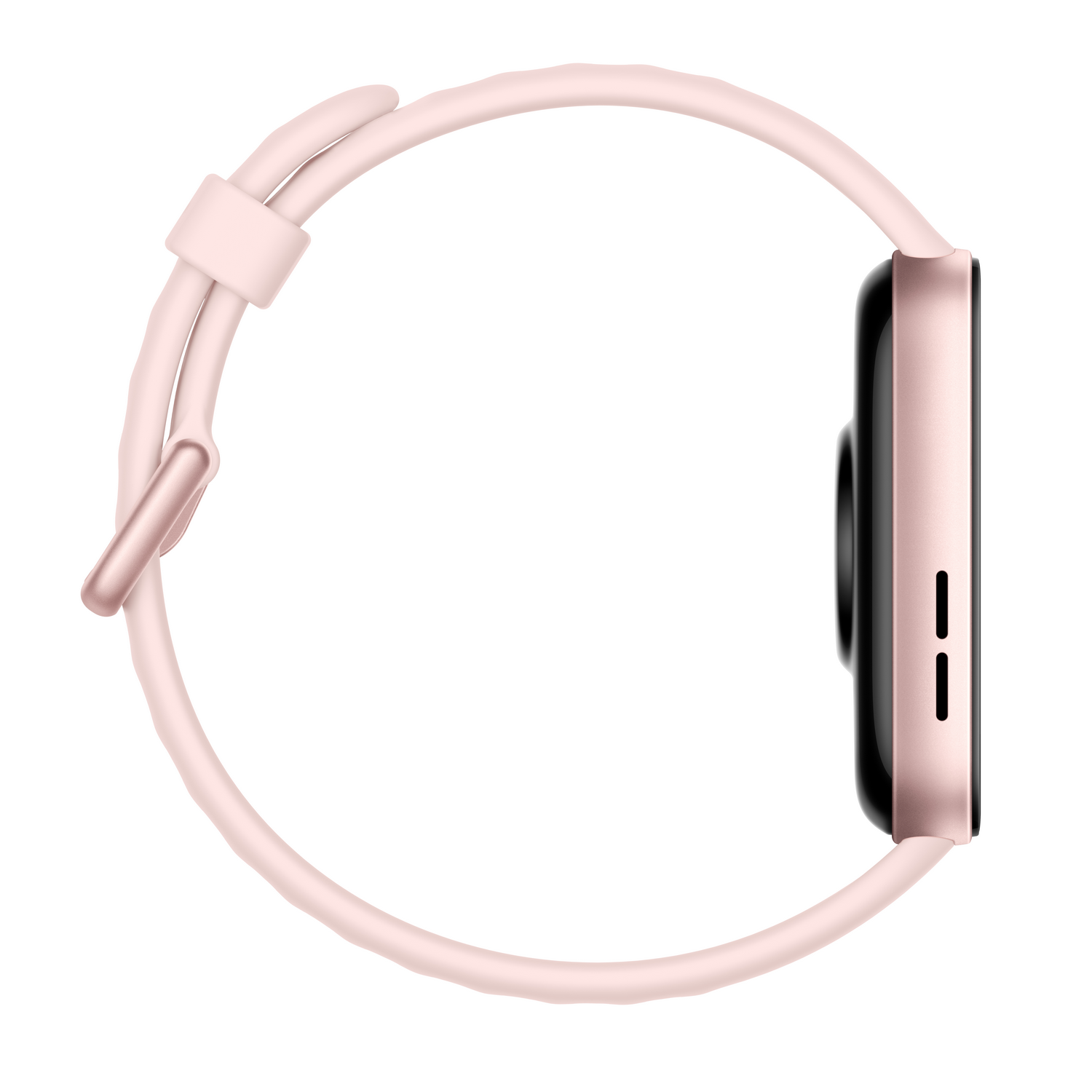 Un smartwatch rosa con una esfera cuadrada redondeada y una correa rosa.