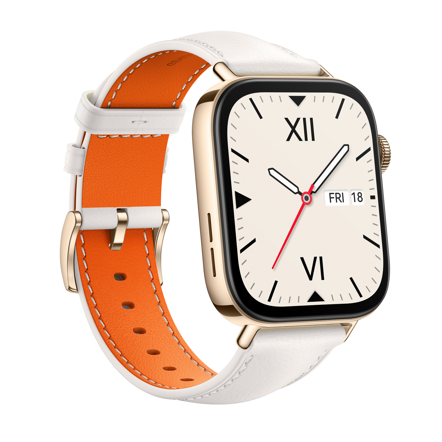 Reloj inteligente dorado con correa blanca e interior naranja. Muestra hora y fecha.