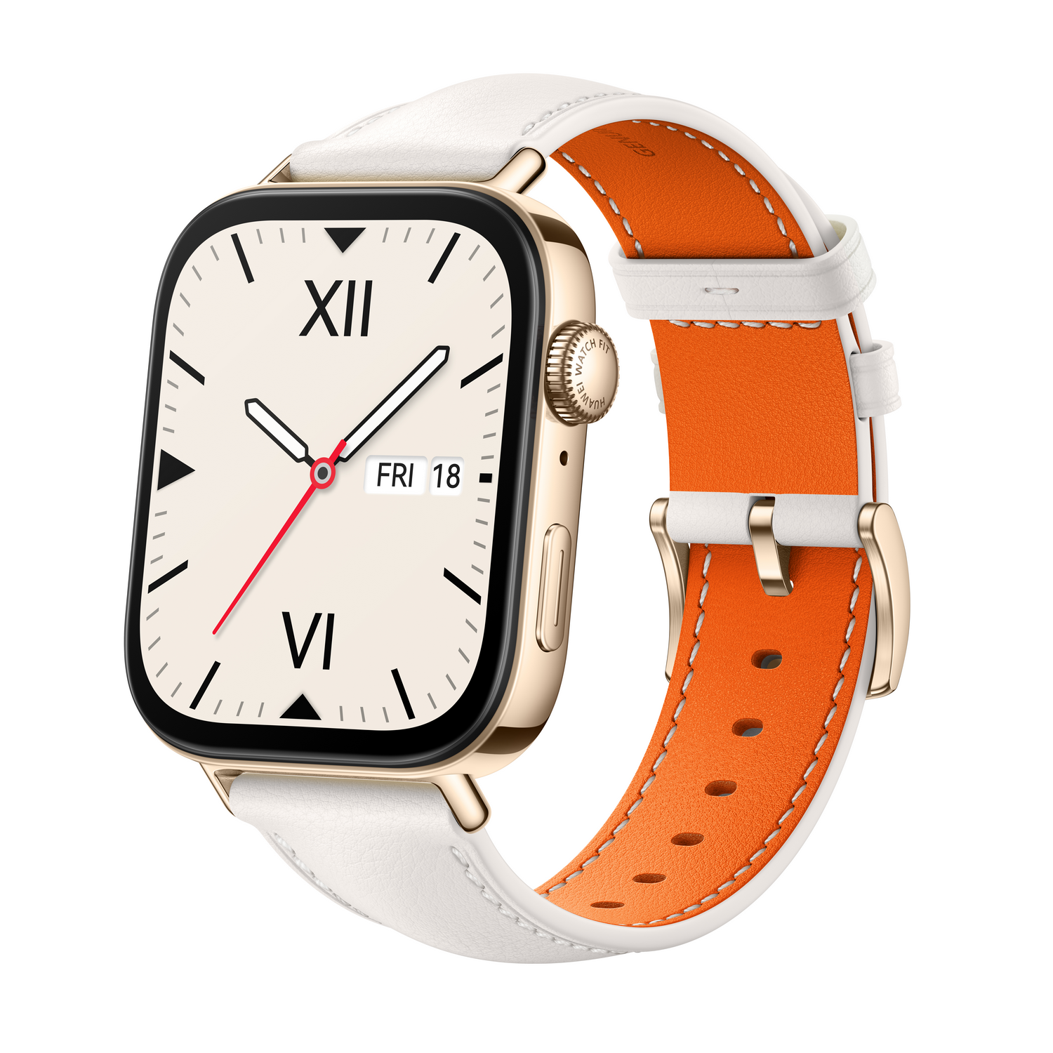 Reloj inteligente. Caja dorada, correa blanca y naranja, pantalla negra con hora y fecha.