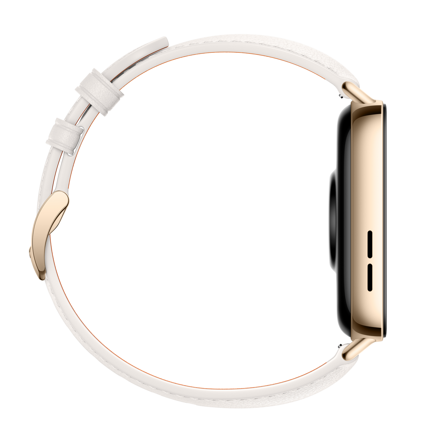 Un smartwatch, vista lateral, con una correa blanca y una caja dorada.