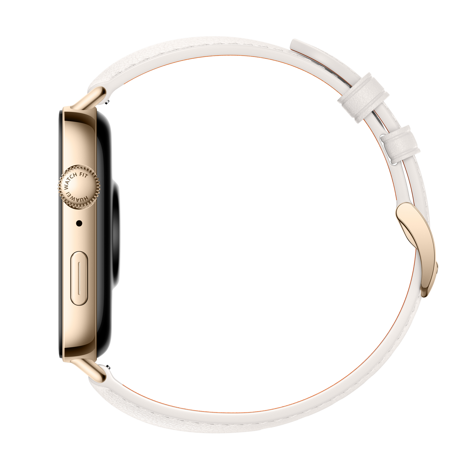 Un reloj inteligente dorado con correa blanca. Fondo blanco.