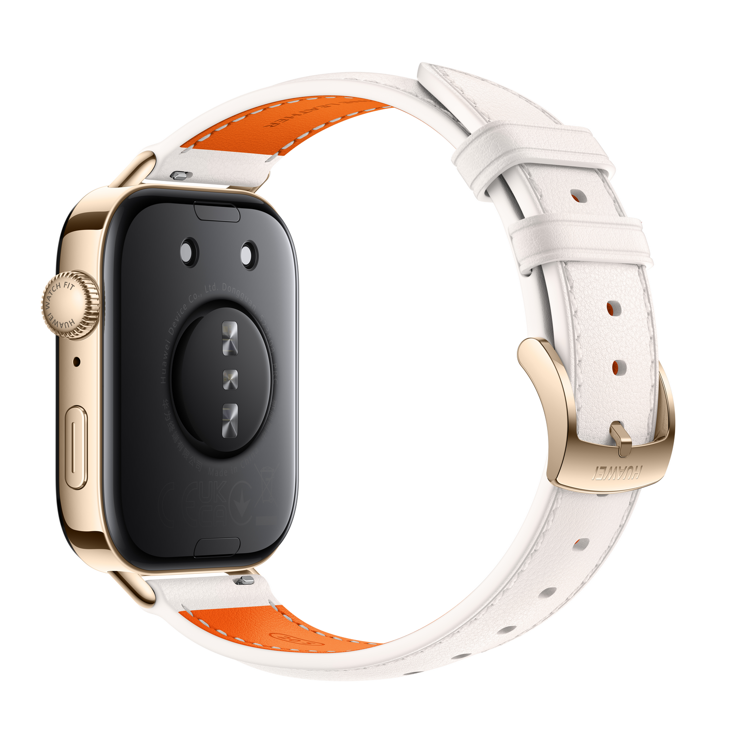 Reloj dorado con correa blanca y detalles naranjas. La parte trasera es negra.