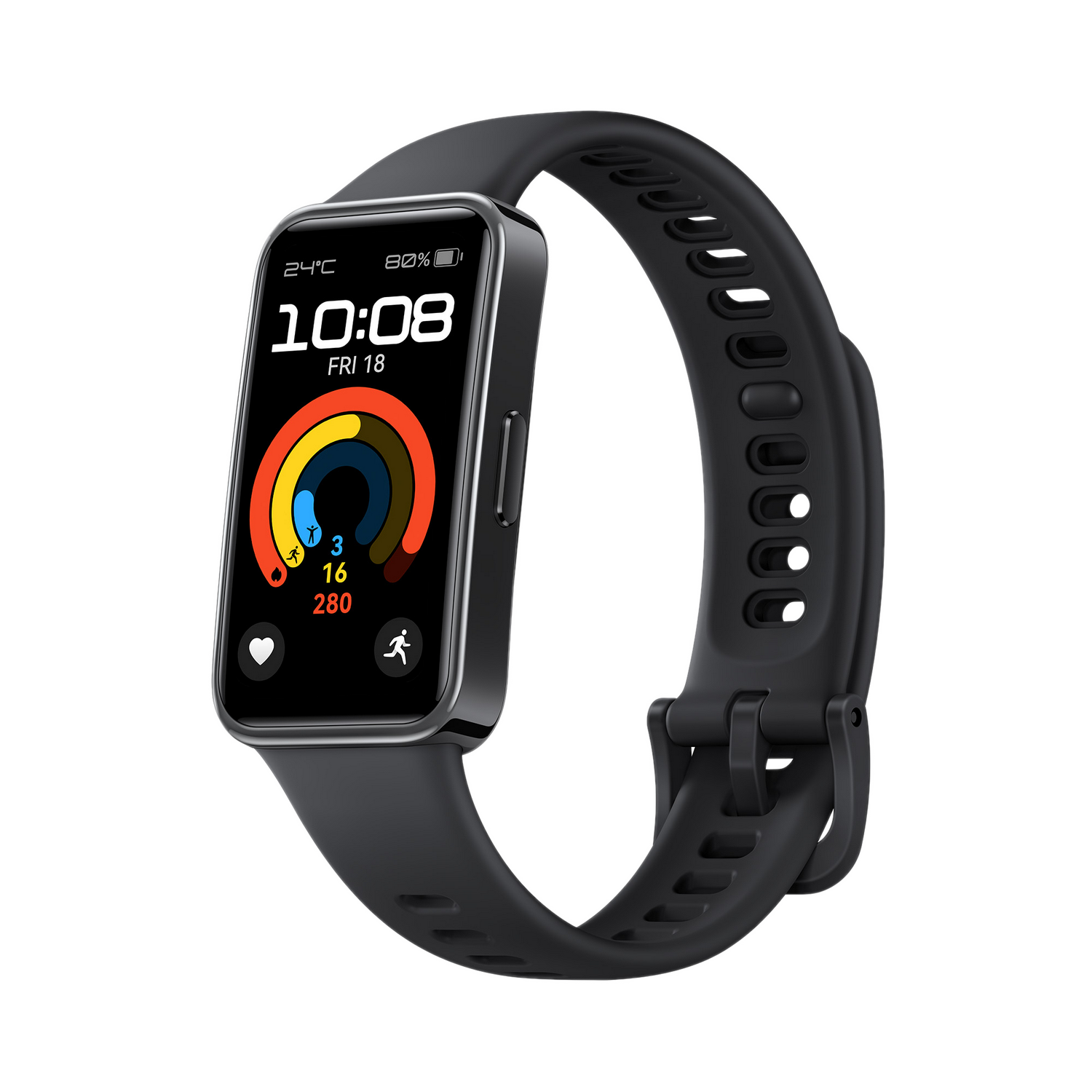 Smartwatch negra con pantalla rectangular que muestra hora, datos de actividad y porcentaje de batería.