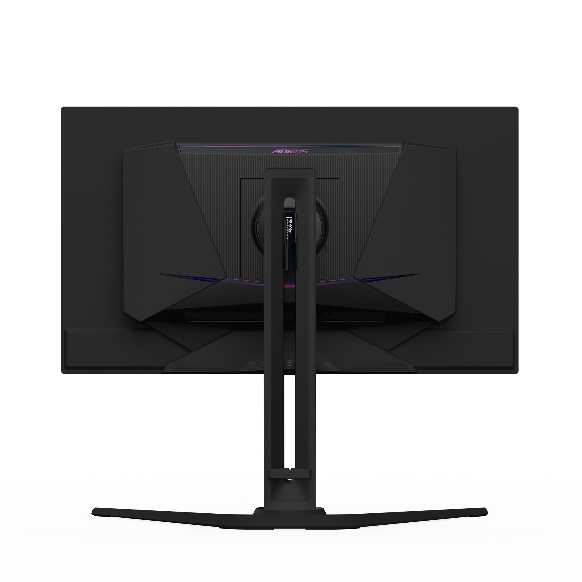 Rückseite des schwarzen Computermonitors mit Ständer. AORUS-Logo sichtbar. Weißer Hintergrund.