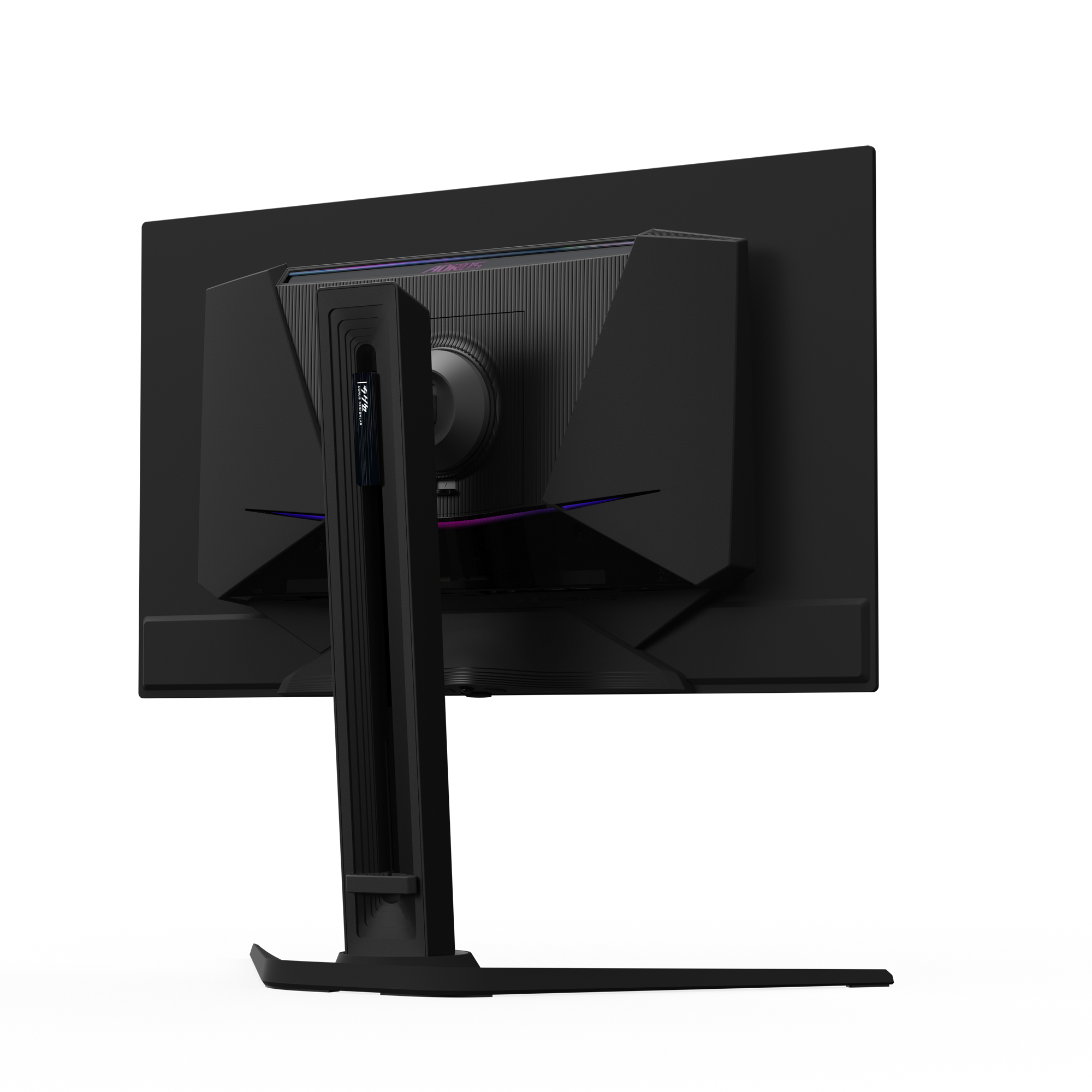 Die Rückseite eines schwarzen Computermonitors mit einem Ständer.