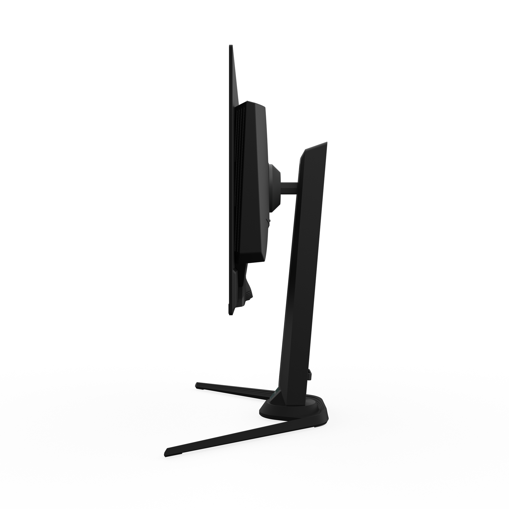 Seitenansicht eines schwarzen Computermonitors mit Ständer auf weißem Hintergrund.