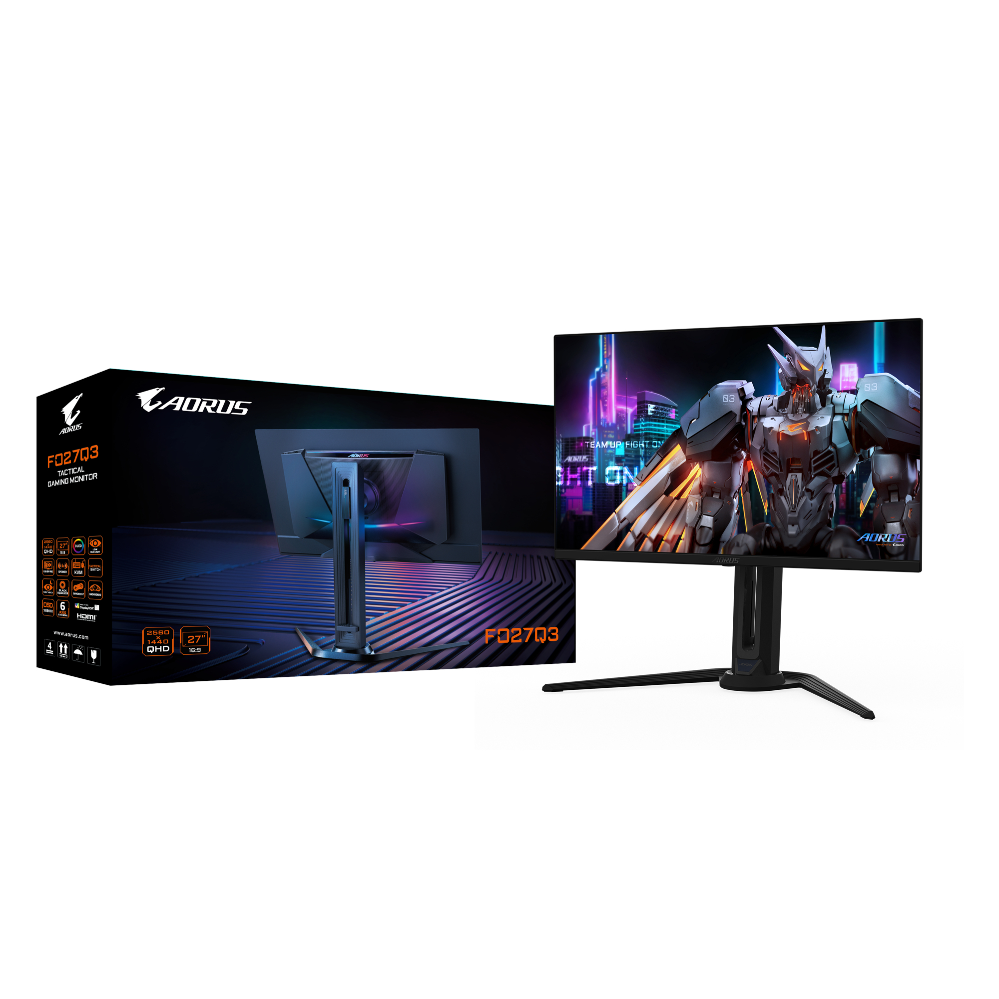 Monitor mit Roboterbild, neben einer Box mit Monitordetails und einem Ständer.