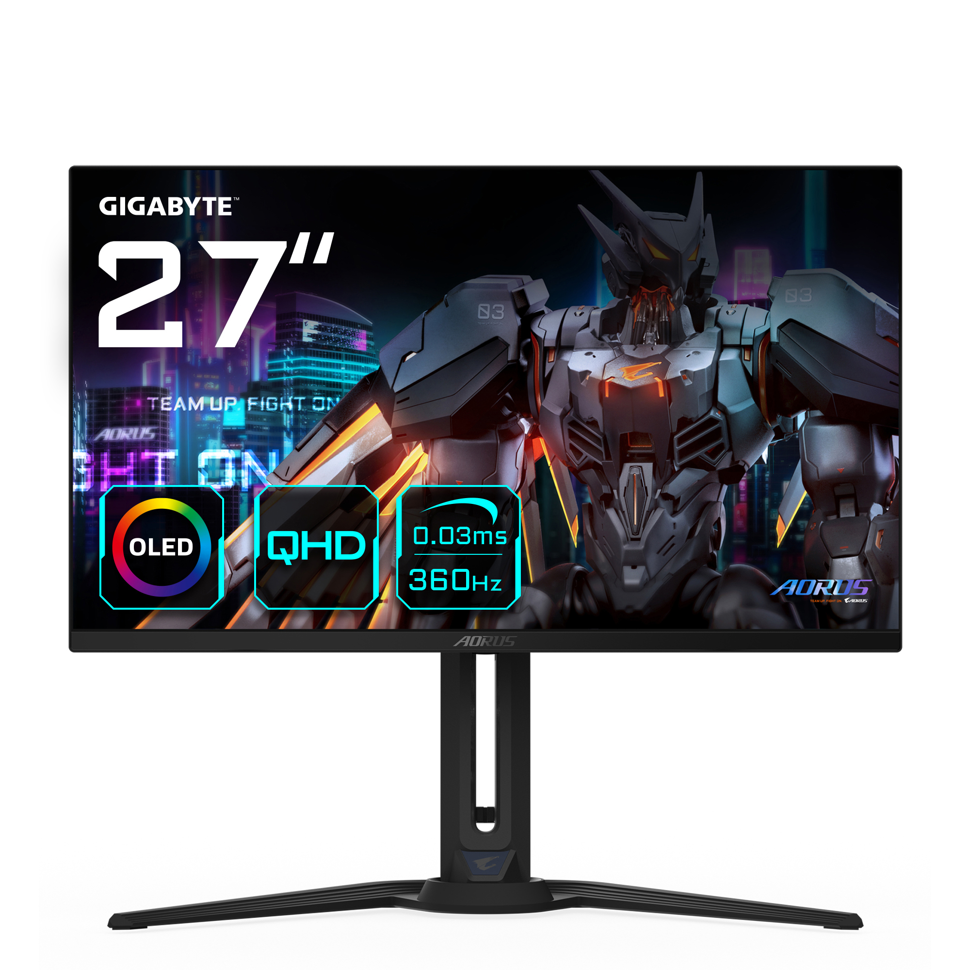 Ein Gaming-Monitor zeigt Text und Grafiken an. Er hat einen schwarzen Standfuß und eine roboterartige Figur auf dem Bildschirm.
