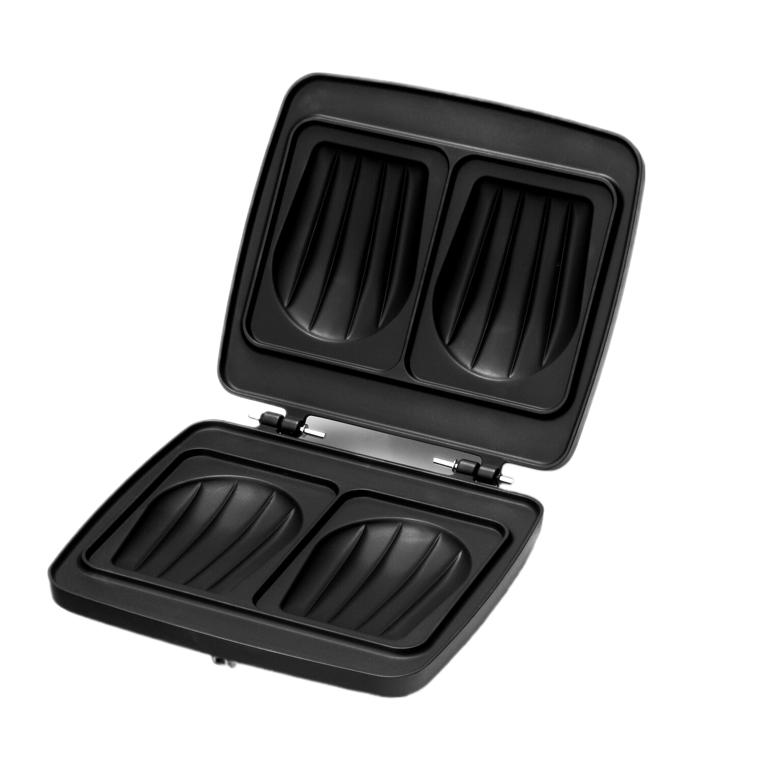 Appareil à sandwich ouvert avec intérieur noir. Il y a deux fentes pour faire des sandwichs.