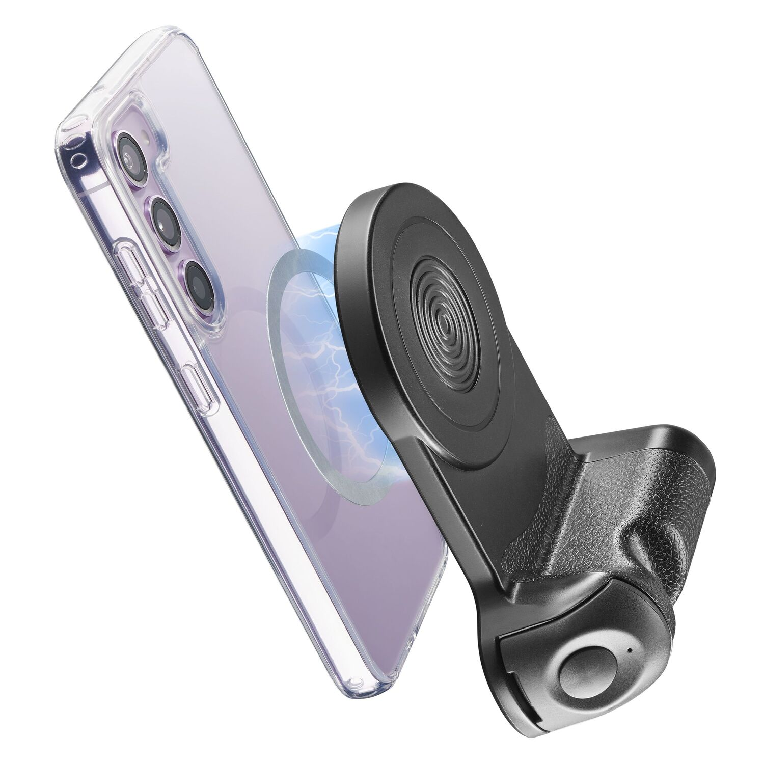 Phone in a case with a magnetic charger attached. The charger is black.