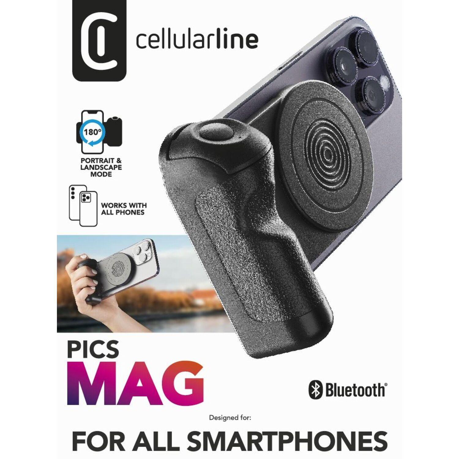 A black phone grip with a phone attached. The grip has a black handle and a circular attachment point.
