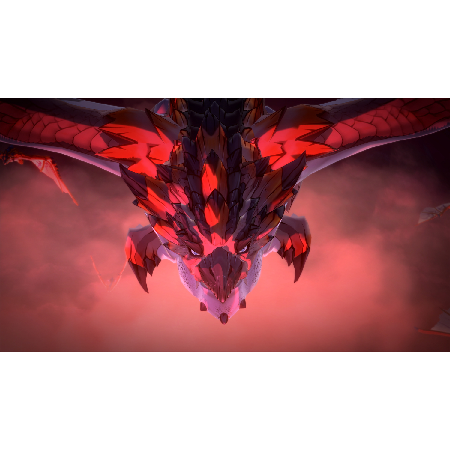 Een rode draak die vliegt in een rood getinte lucht. Close-up, met gedetailleerde schubben en een felle uitdrukking.