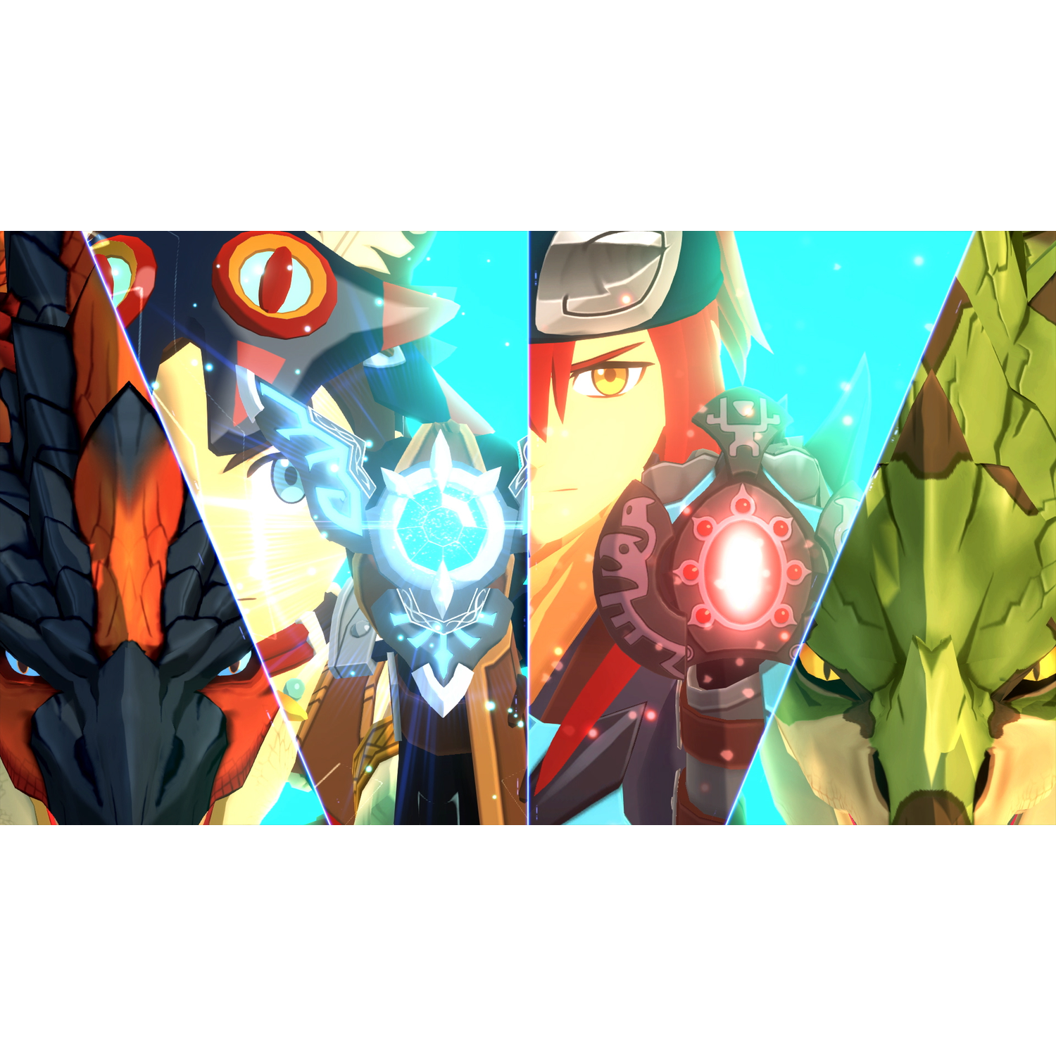 Een gesplitste afbeelding van de gezichten van vier gestileerde videogamepersonages, elk in een ander kleurenschema en stijl.