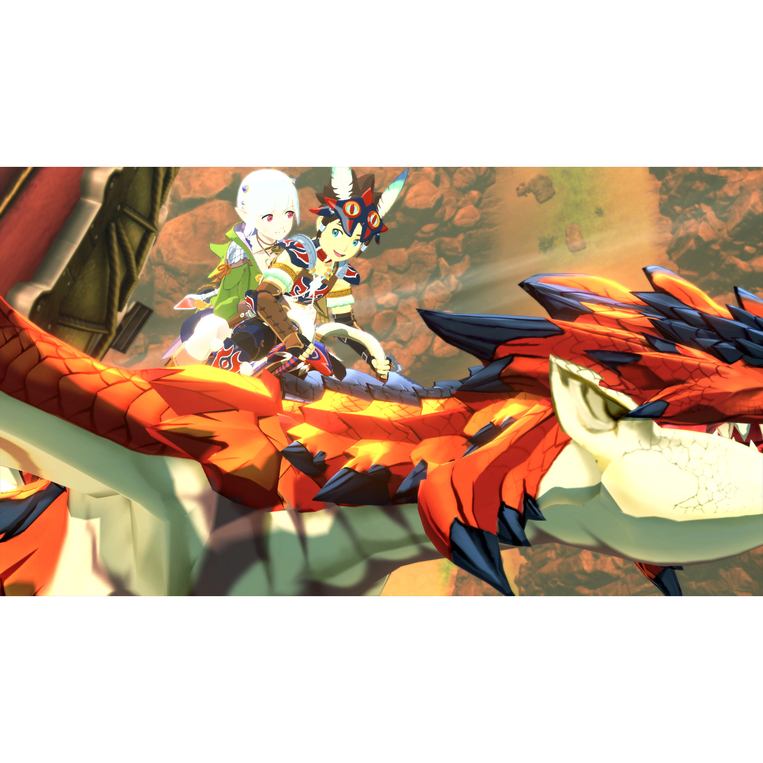 Anime-personages die op een rood-oranje draak rijden, met een bergachtige achtergrond.