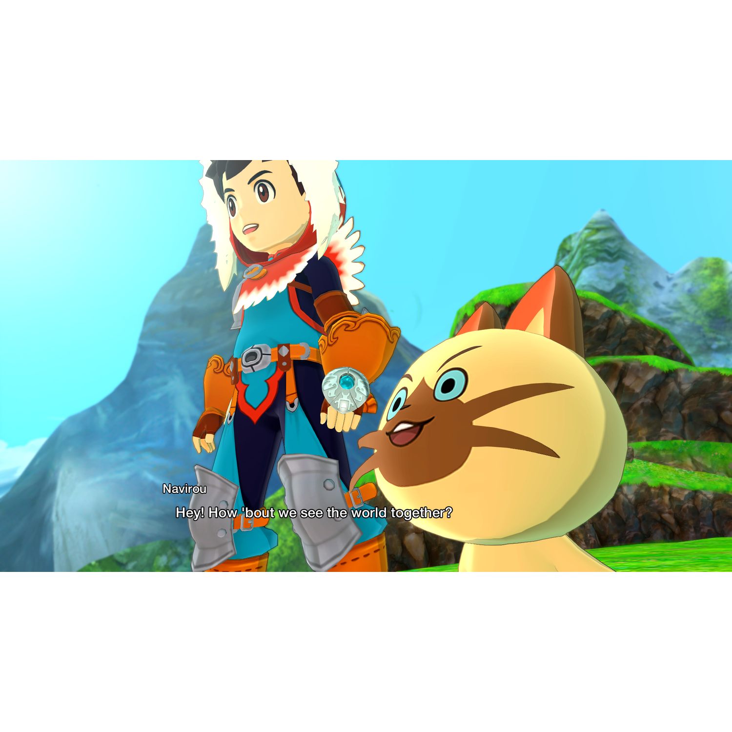 Een jongen en een katachtig wezen uit een anime praten samen.
