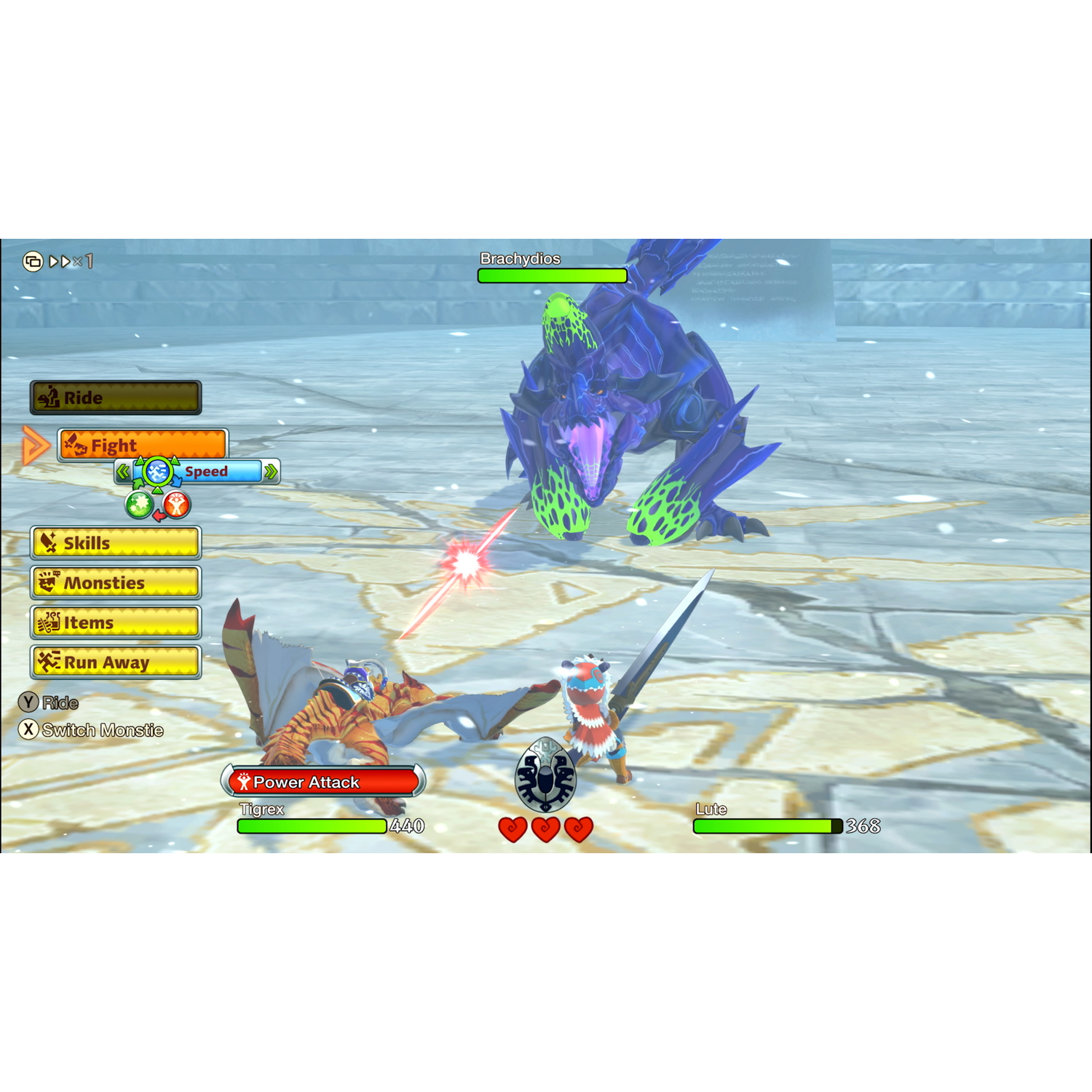 Een videogame scène. Een speler vecht tegen een monster met andere personages en UI-elementen.