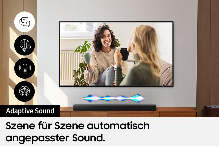 TV-Bildschirm mit Soundbar. Personen im Fernsehen. Eine Grafik, die Schallwellen zeigt.