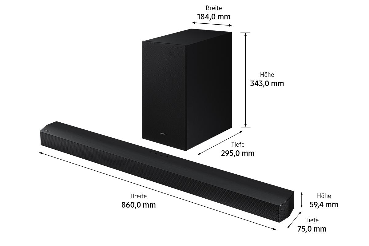 Eine schwarze Soundbar und Subwoofer mit angegebenen Abmessungen.