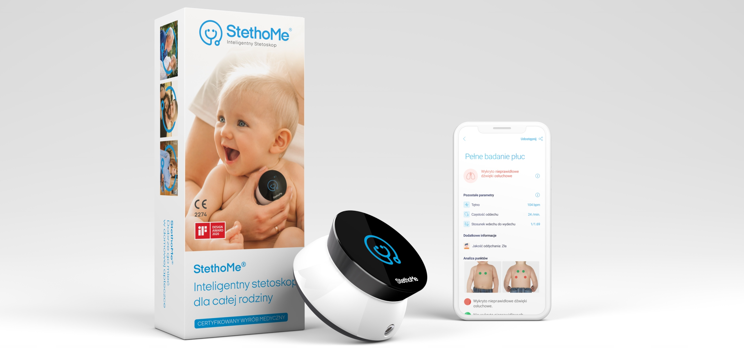 Dziecko ze stetoskopem, telefonem i pudełkiem.