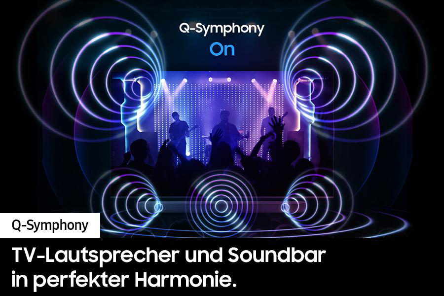 Bild mit Text über Q-Symphony-Technologie, zeigt Lautsprecher und eine Bühne.