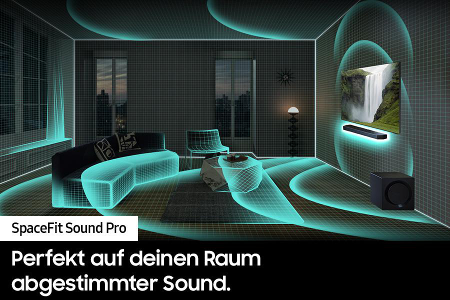 Ein Wohnzimmer mit Fernseher, Soundsystem und Sofa, hervorgehoben durch blaue Linien.