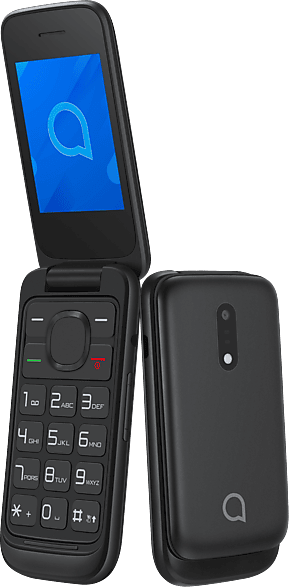 Fekete Alcatel kagylótelefon. Nyitva, kék képernyővel. Zárva, a hátlapi kamerát mutatja.