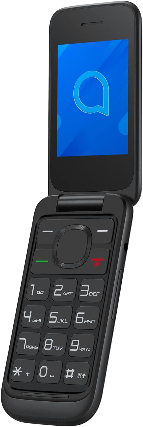 Fekete kagylótelefon nyitott képernyővel. A képernyőn az Alcatel logó látható.