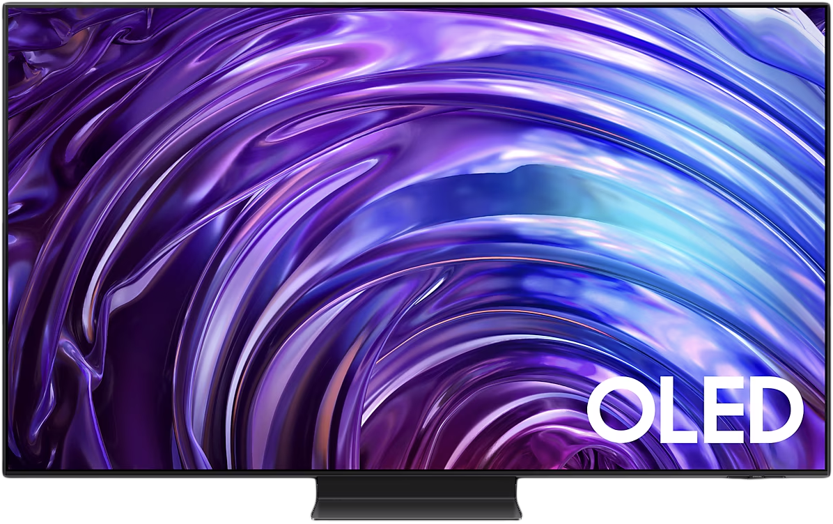 Nagy OLED TV fekete kerettel. A képernyő élénk lila és kék absztrakt dizájnt mutat.