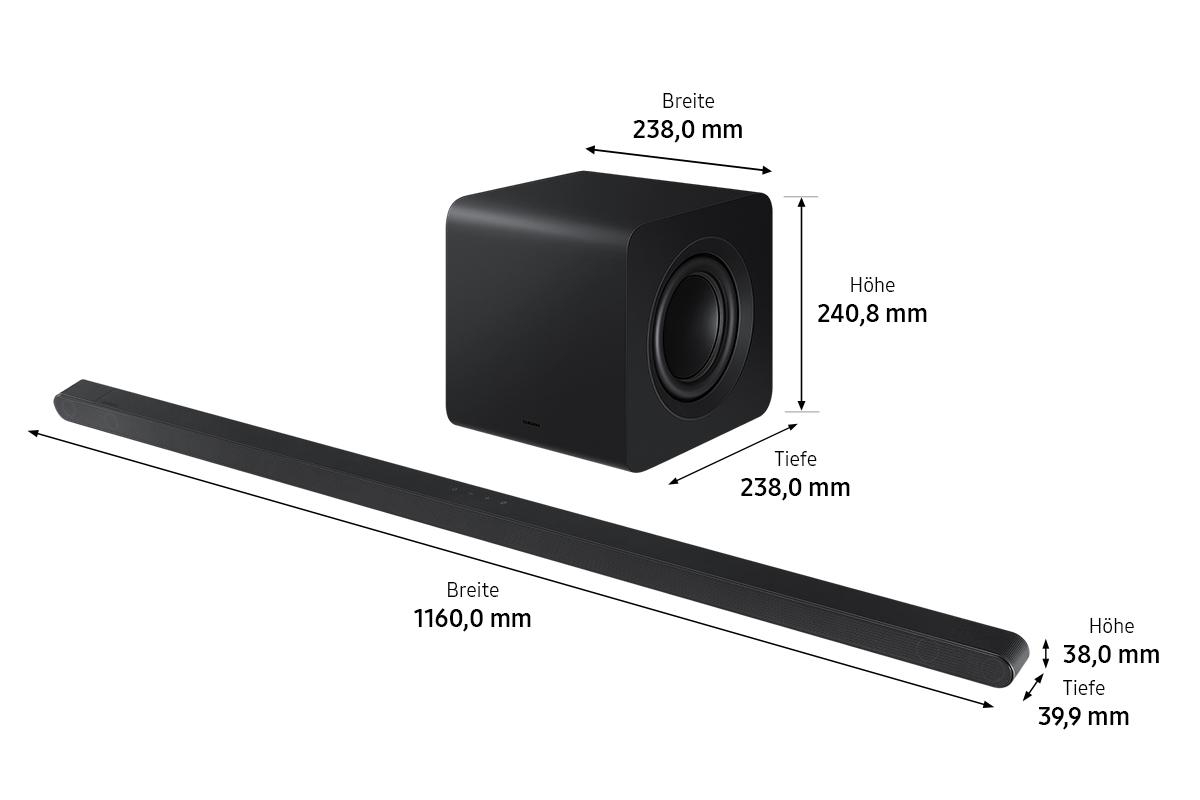 Schwarze Soundbar, Subwoofer auf weißem Hintergrund, mit Maßen.