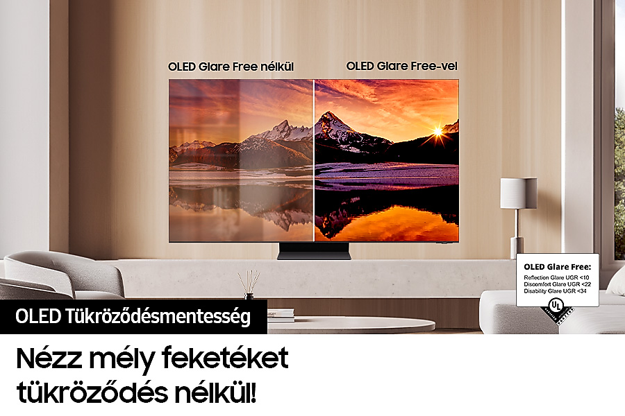 TV képernyő összehasonlítás két jelenettel. Egy tükröződéssel, egy anélkül. Magyar szöveg.