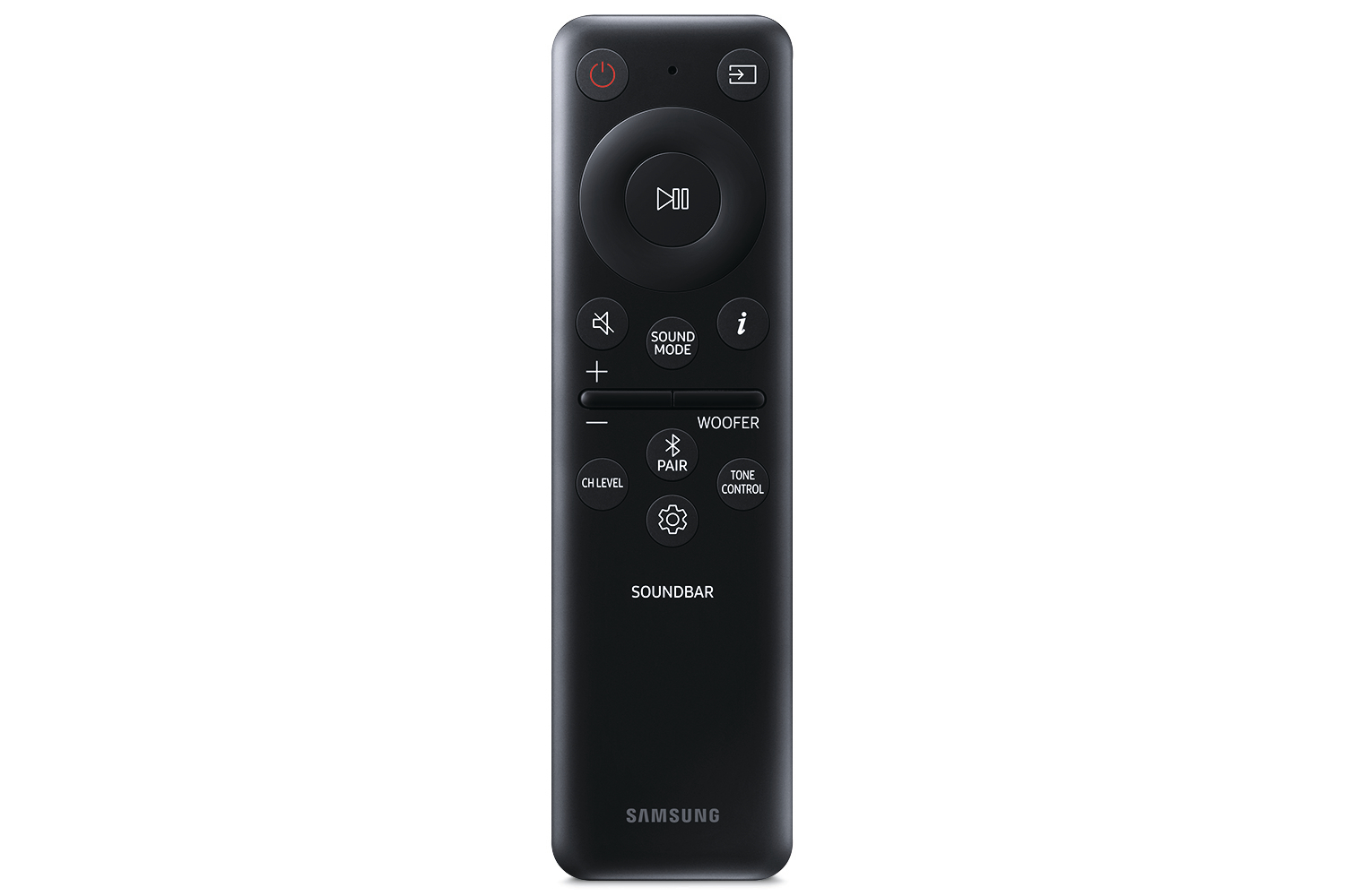 Eine schwarze Samsung Soundbar-Fernbedienung mit mehreren Knöpfen und dem Samsung-Logo.