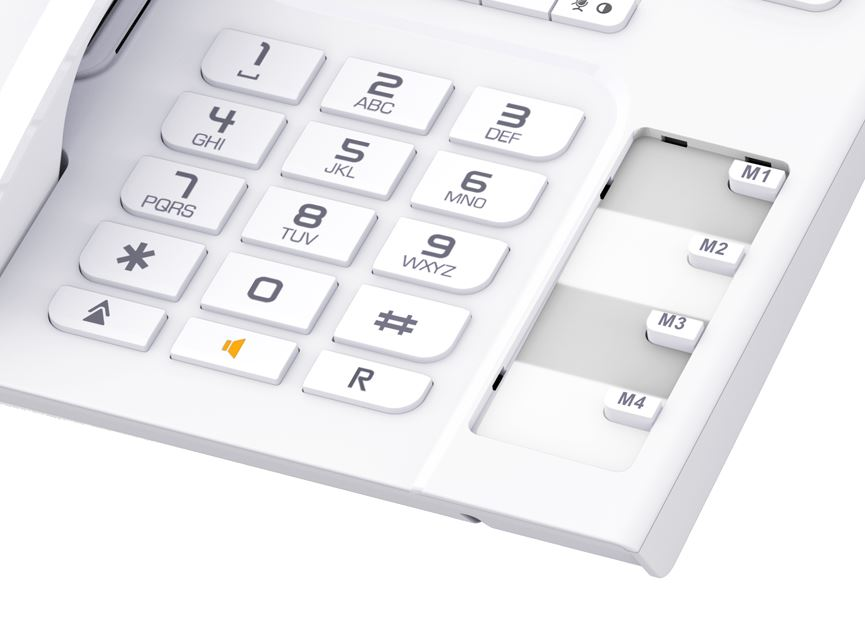 Fehér telefon billentyűzetének közeli képe, számokkal, betűkkel és funkciógombokkal.
