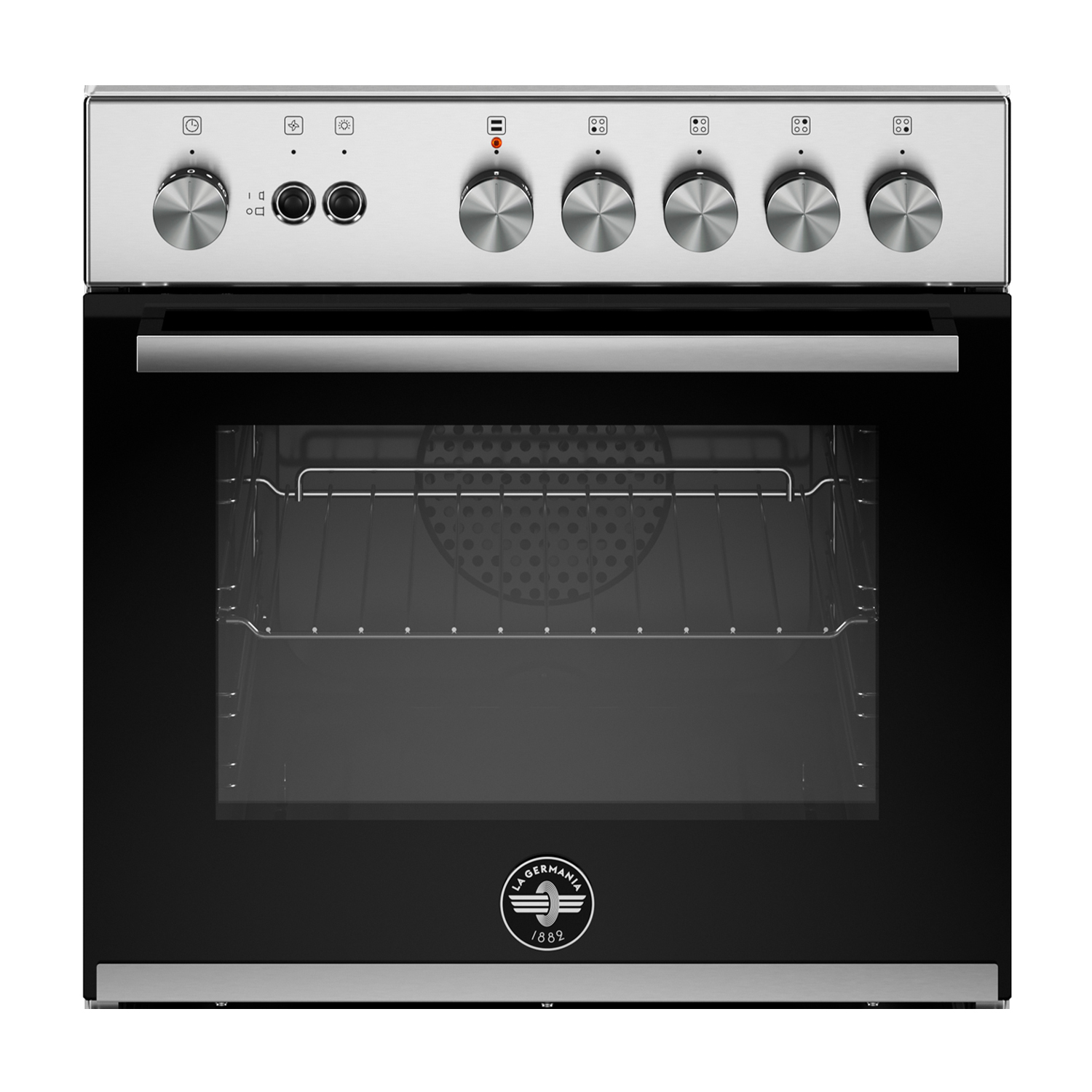 Forno argentato con porta nera, manopole e logo. Finitura acciaio inox.