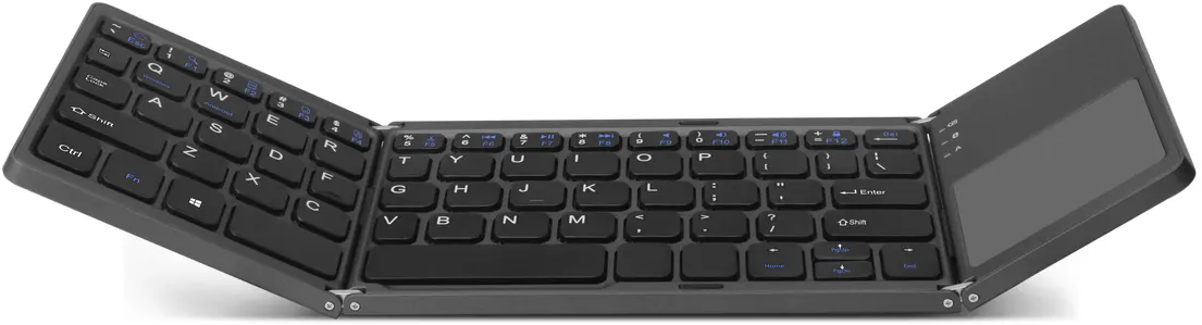 Eine schwarze, faltbare Tastatur mit Tasten und Touchpad, ausgeklappt und einsatzbereit.