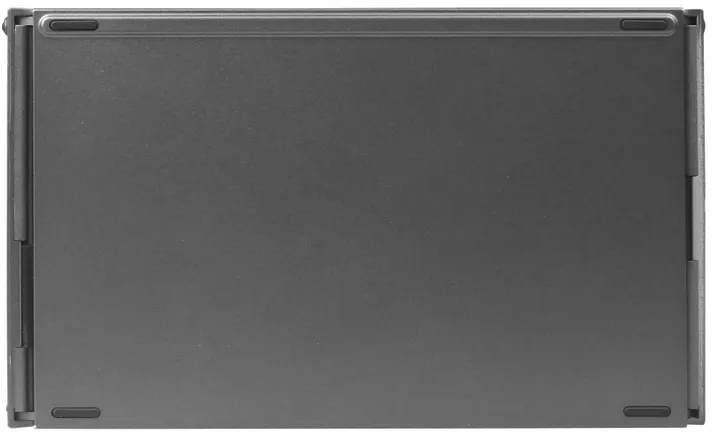 Die Rückseite eines grauen Tablets wird gezeigt. Es gibt vier schwarze Gummifüße.