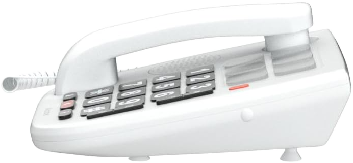Fehér, nagyméretű gombos telefon, ívelt kagylóval.