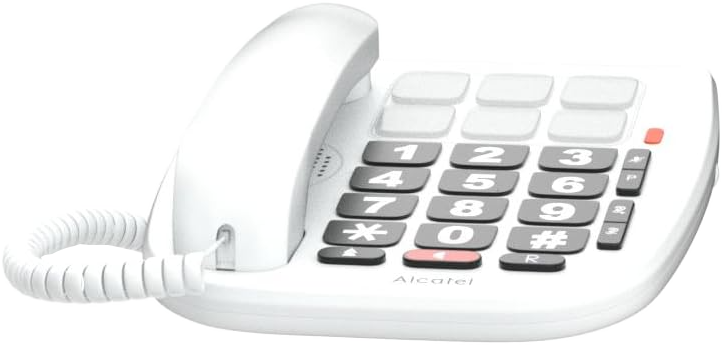 Egy fehér telefon nagy gombokkal és egy piros gombbal.