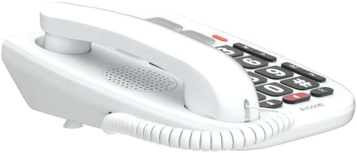 Egy fehér Alcatel telefon. Van egy kézibeszélője, számgombjai és egy alapja.