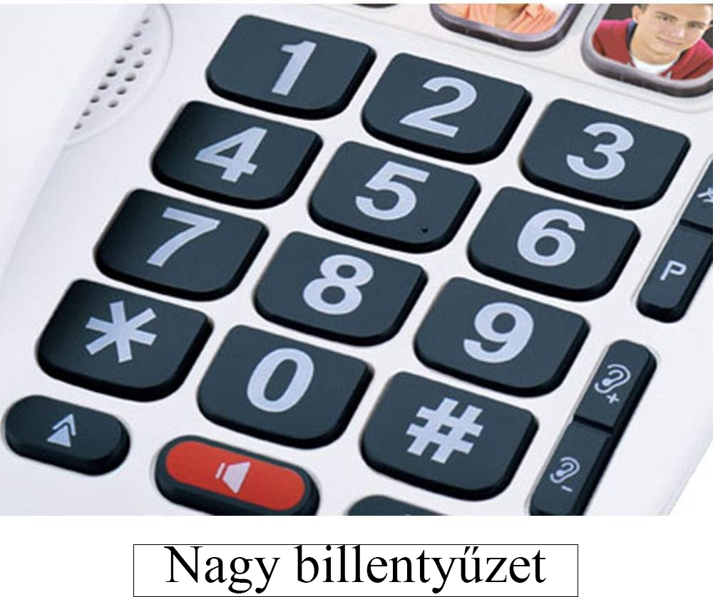 Egy fehér telefon nagyméretű gombos billentyűzete. A számok feketék.