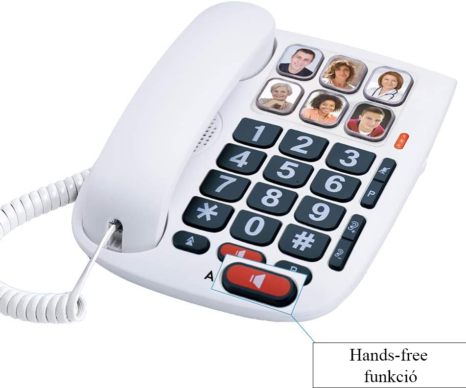 Fehér telefon nagyméretű gombokkal, embereket ábrázoló képekkel. Egy piros kihangosító gomb látható.