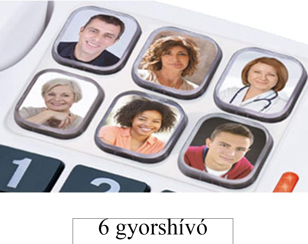 Fehér telefon hat fotógombbal. Különböző emberek arca minden gombnál.