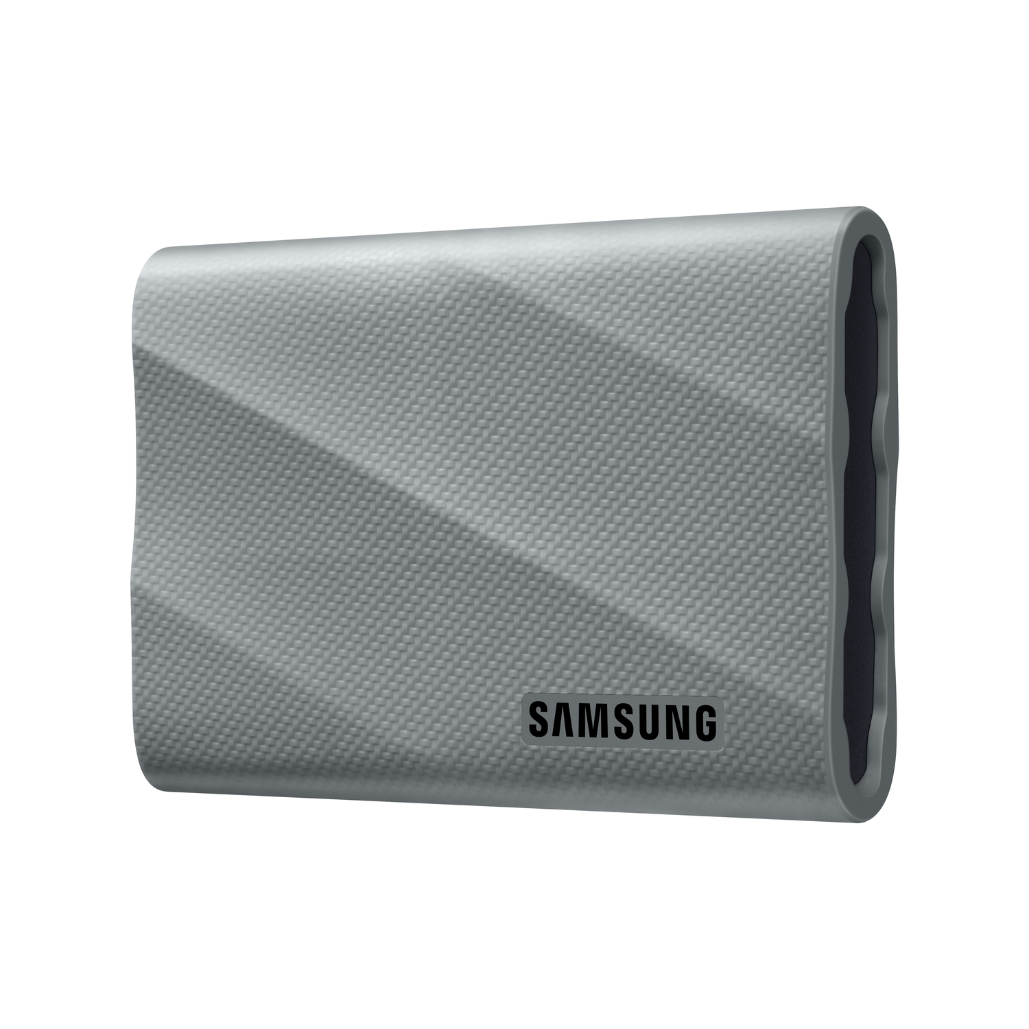 A gray, textured Samsung external hard drive. It has a ridged design and the Samsung logo.