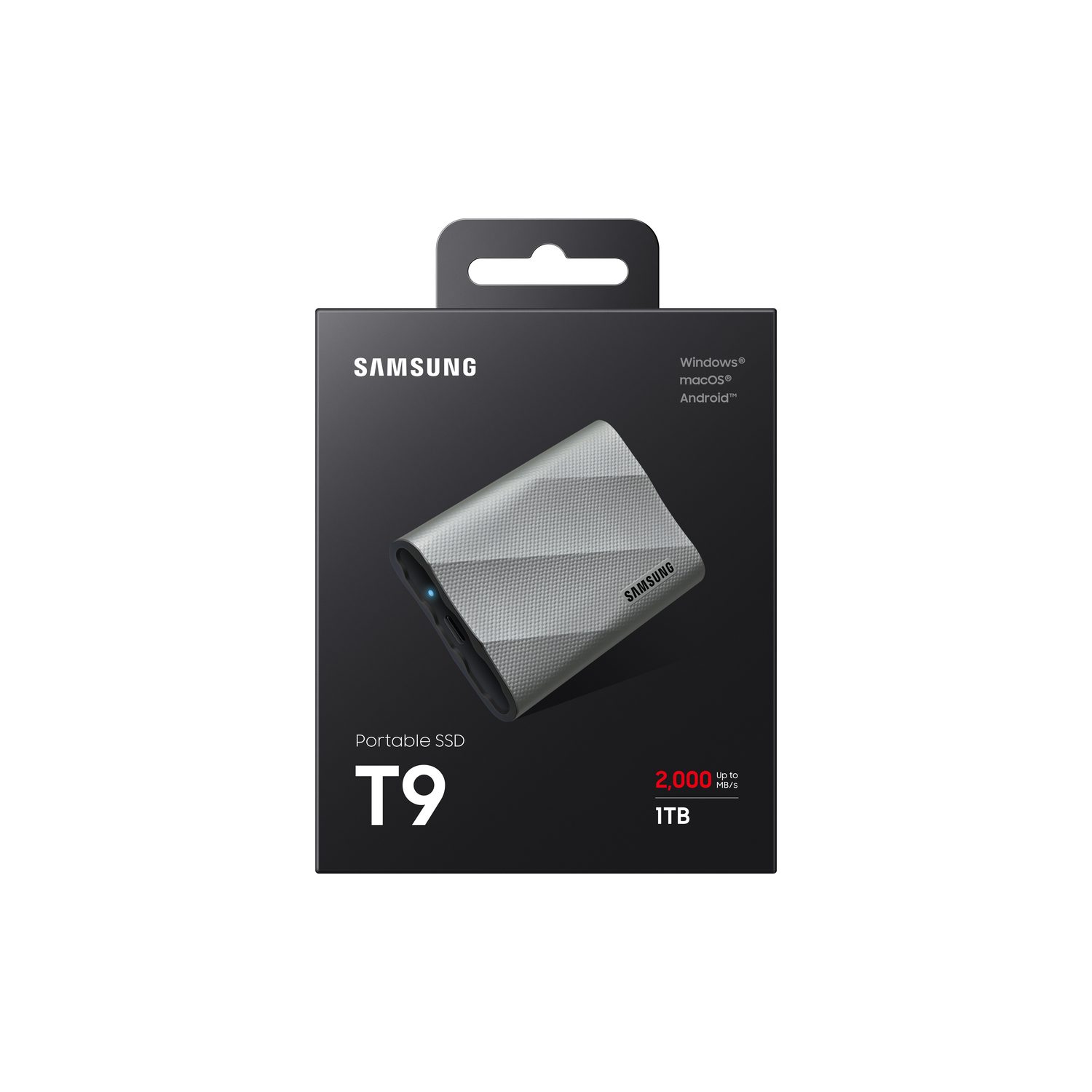 A gray Samsung portable SSD T9 with a black box.