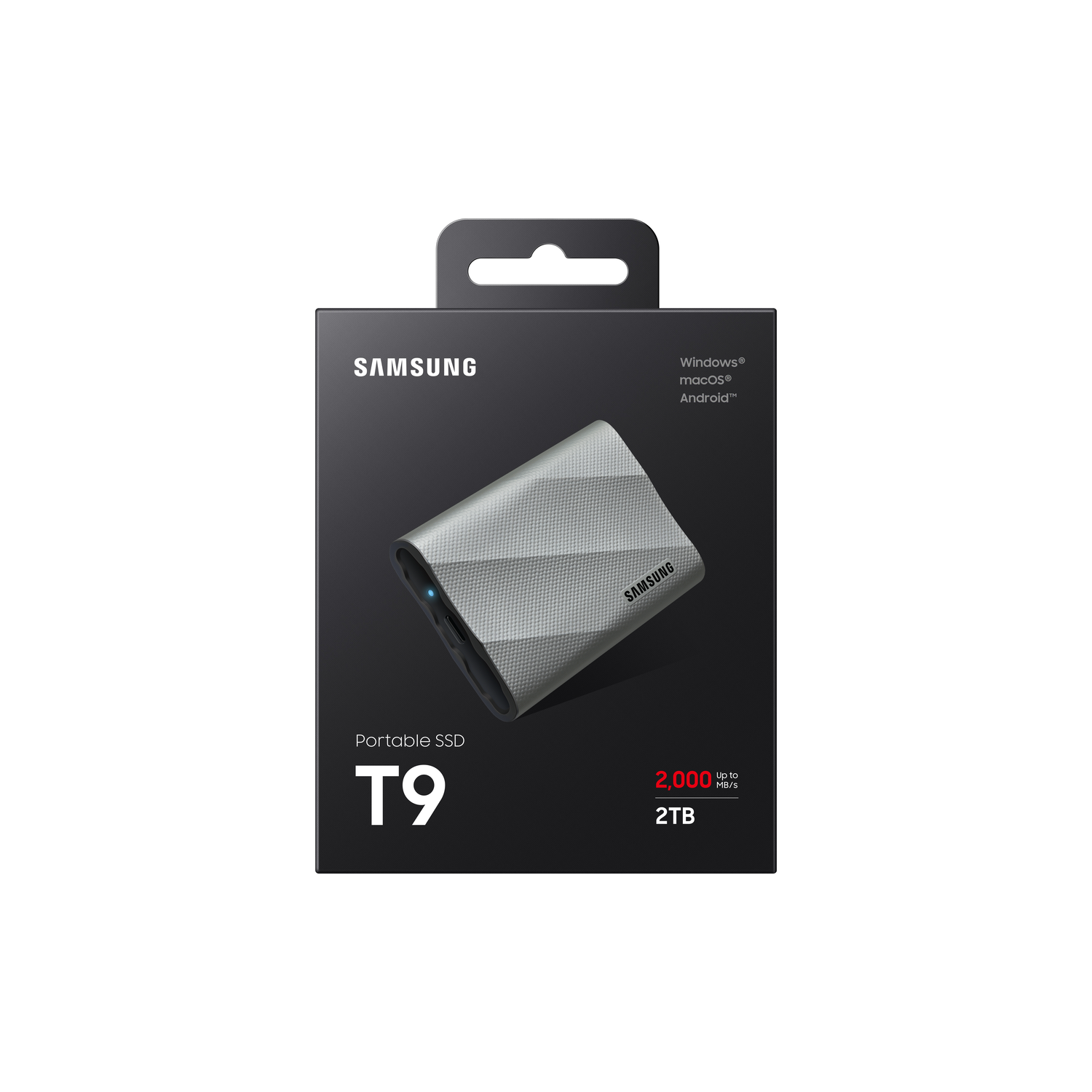 A silver Samsung portable SSD T9 in its packaging, with the Samsung logo visible.
