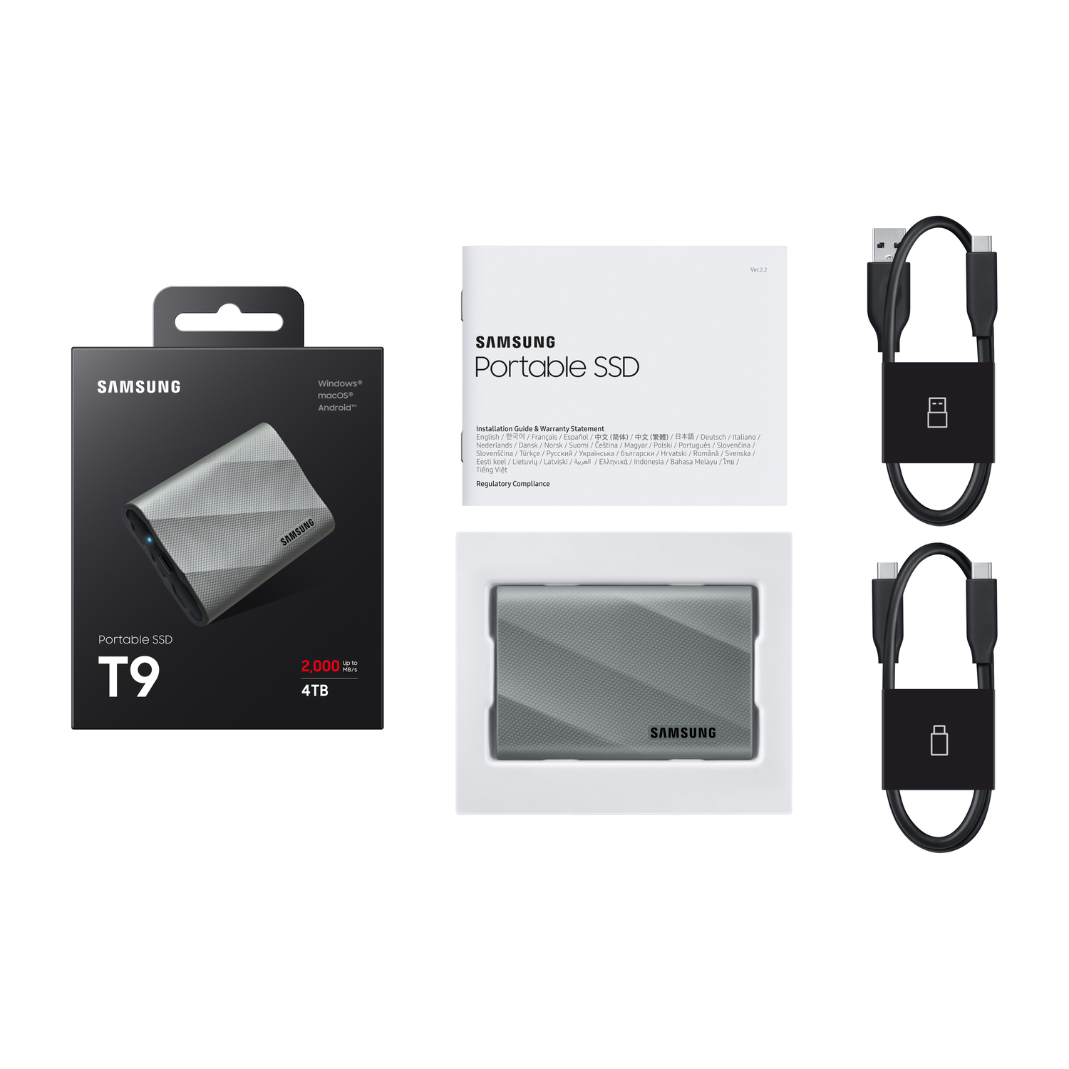 Portable SSD T9 set with a box, the SSD, and two USB cables. The box is black with the Samsung logo.