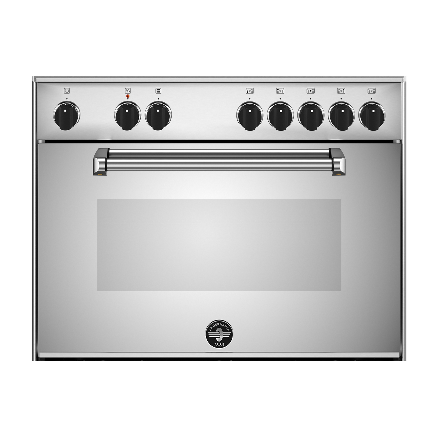 Un forno in acciaio inossidabile con maniglia e manopole nere.