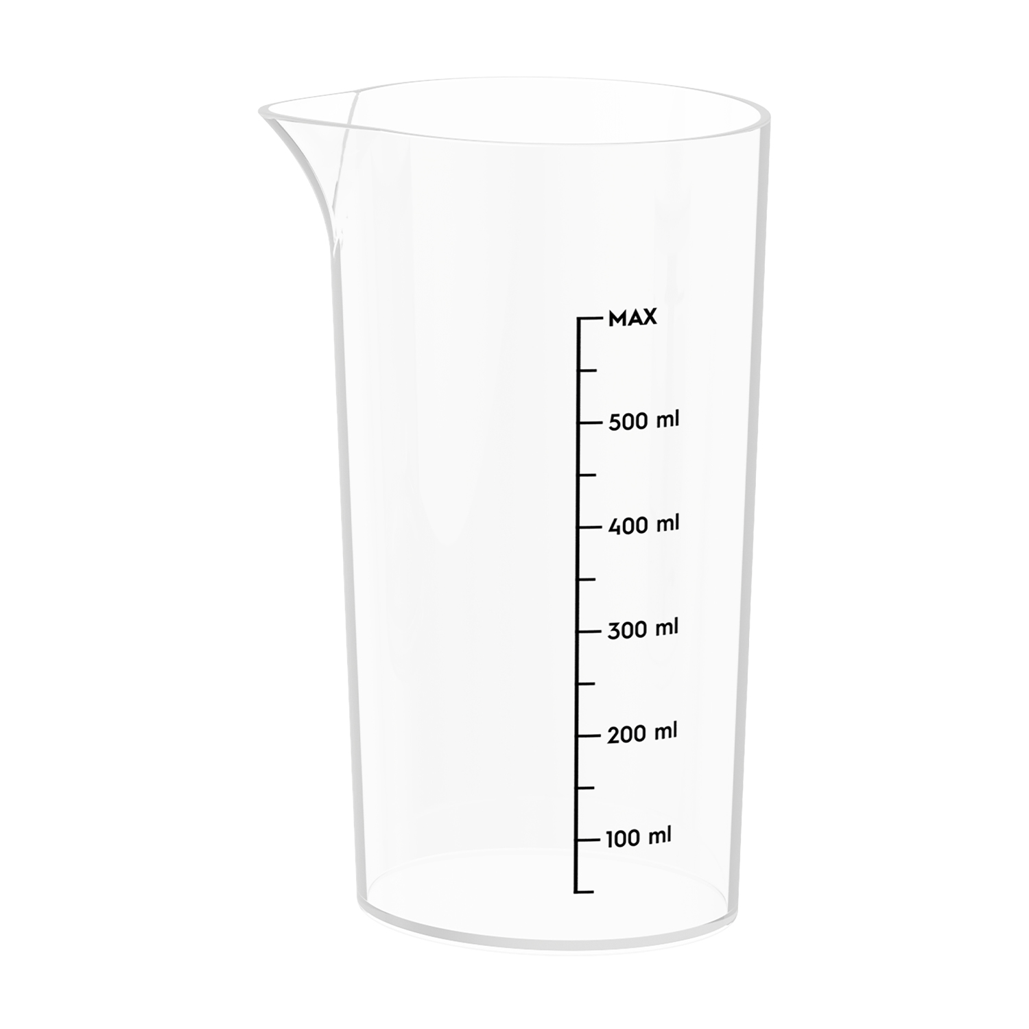 Tazza da misurazione trasparente con segni in ml. Ha un beccuccio e numeri neri.